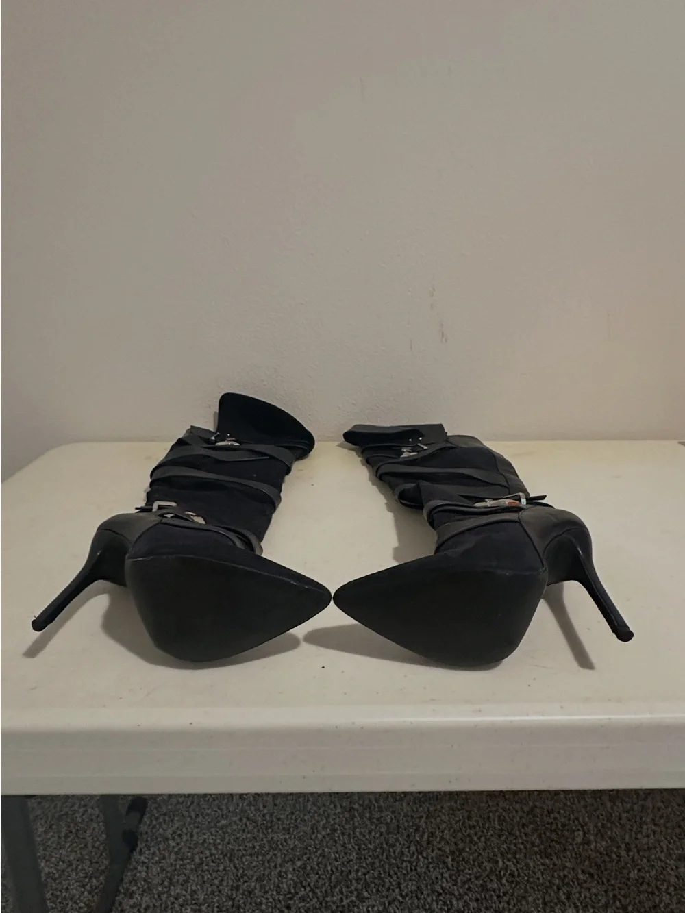 Shoe Dazzle Black Over-the-Knee Strappy Buckle Stiletto Boots
